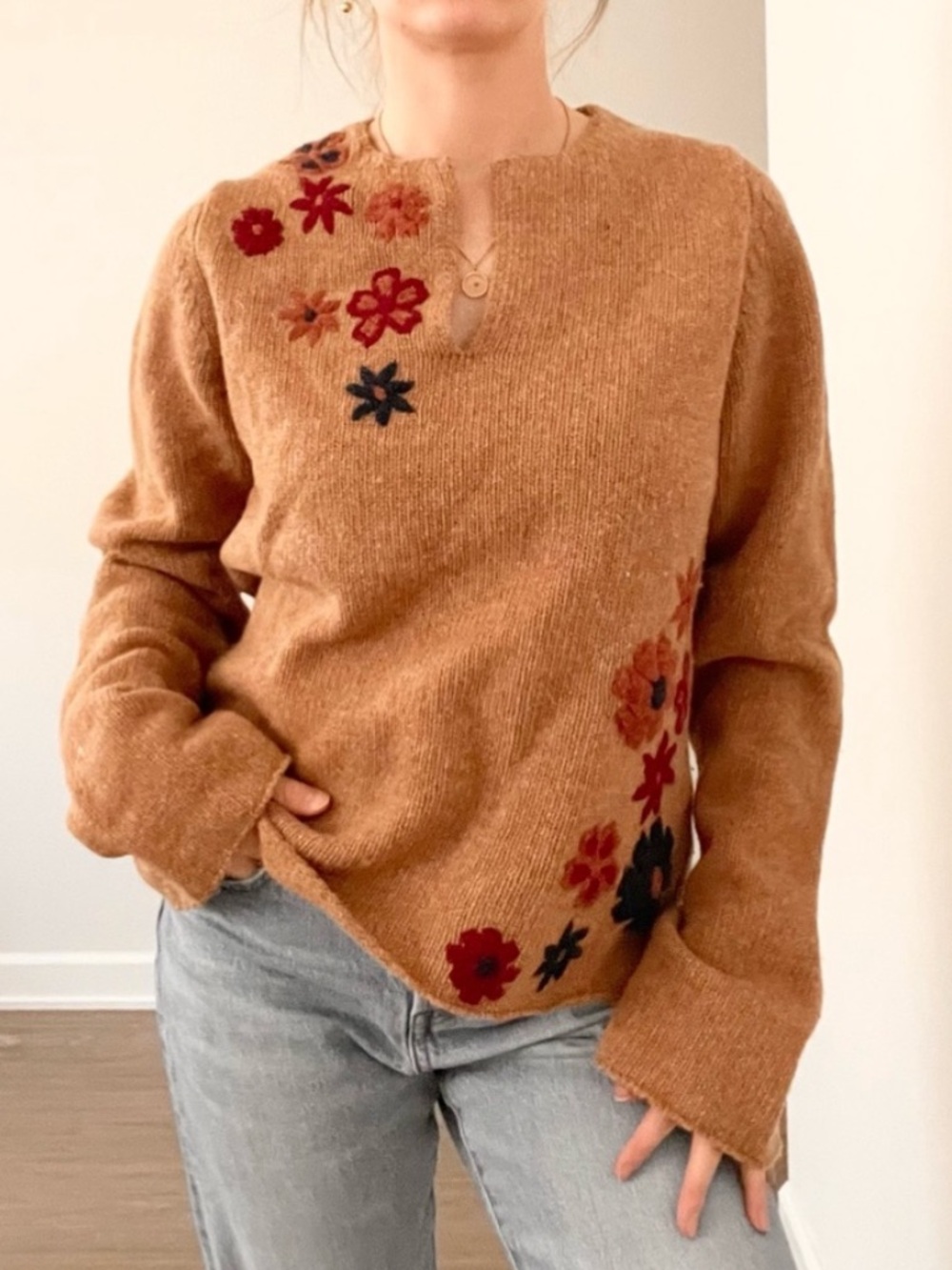 Floral Embroidered V neck Sweater